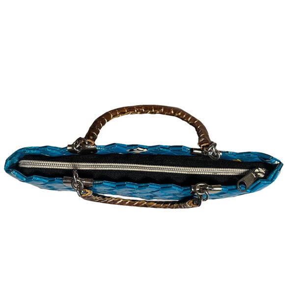 Nahui Ollin Candy Wrapper Hand Bag Teal Hand Made Woven Zipper Upcycle Recycle - Picture 3 of 8